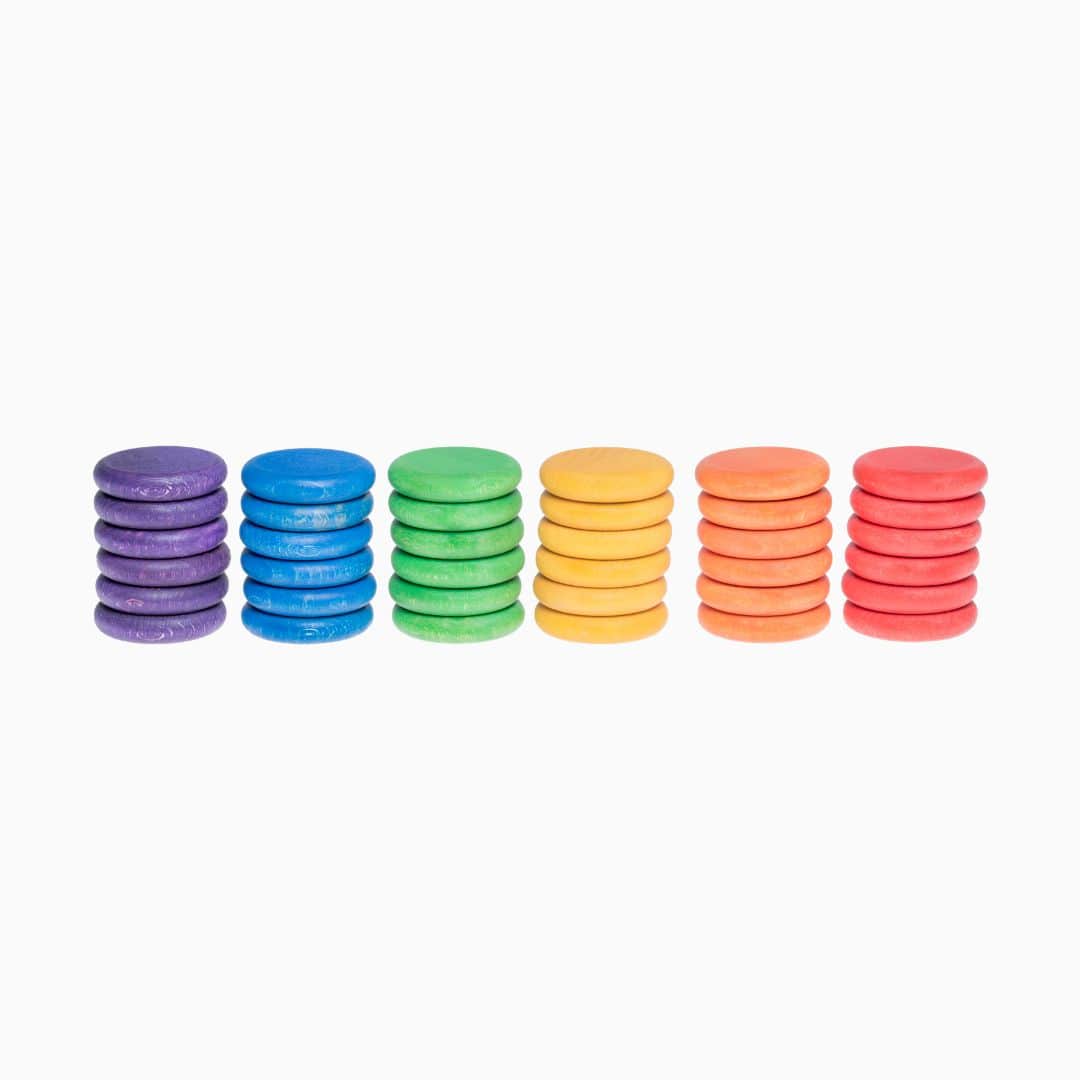 Grapat houten munten regenboog-36 stuks