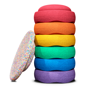 Stapelstein Super Confetti Regenboog Classic Bundel 6 stapelsteen + balanceboard